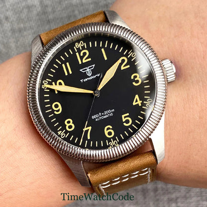 Tandorio Fluted Pilot Watch TD117A 20BAR  NH35 PT5000 Roman Numerals Sapphire 39mm