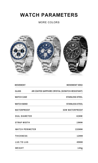 Cadisen C7063 Quartz Chronograph Watch Japan VD53 42MM AR Sapphire 5Bar