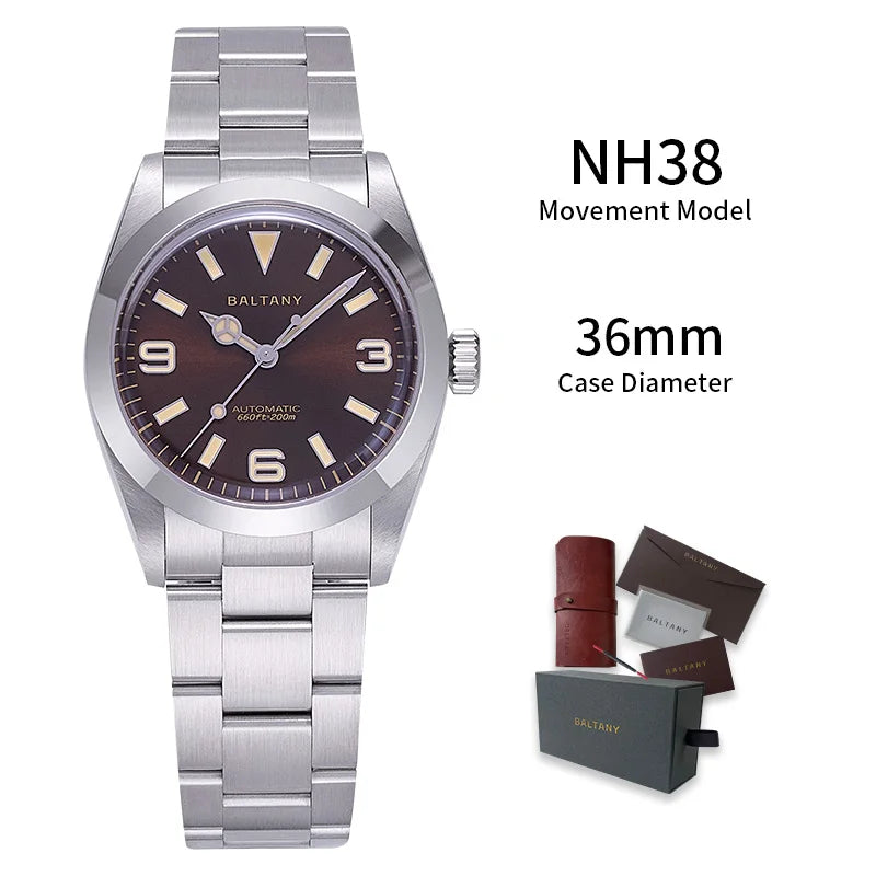 Baltany 36MM Explorer Watch Man S4056 NH38 Automatic Mechanical Watch  Waterproof 20Bar Stainless Steel Bracelet Retro Watches