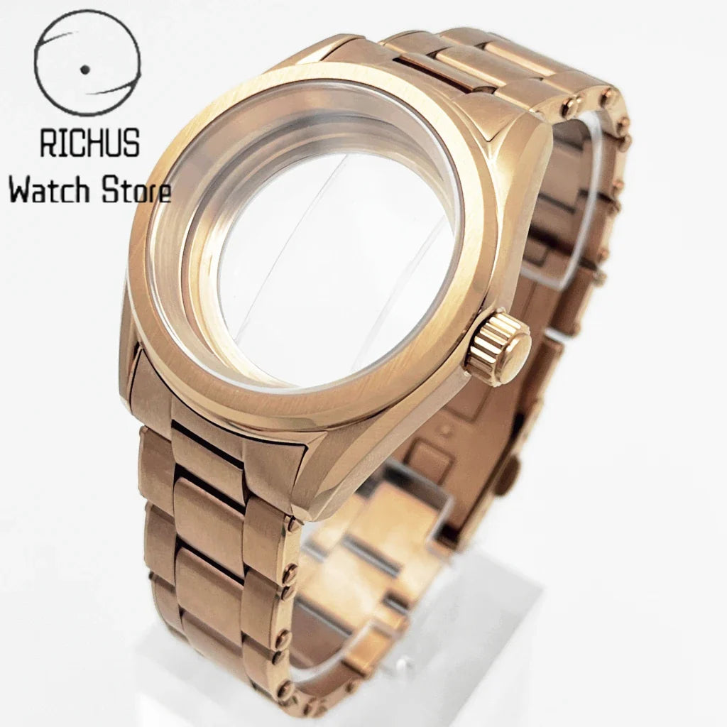 38mm NH35 Case Sapphire Glass RoseGold Watch Case Stainless Steel Strap Fit NH35 NH36 ETA2824 PT5000 Movement Watch Accessories