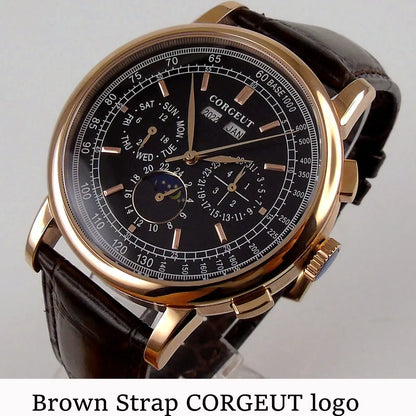 Corgeut Moon Phase Watch 42mm Seagull St1655 Automatic Day Date Month Calendar Glass Back 42MM 3ATM