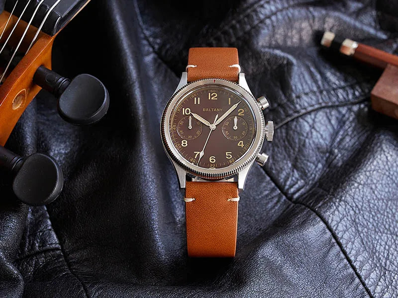 Baltany Military Chronograph Man S5054 Retro Style Quartz Watch Leather Strap Sapphire Glass 5ATM Waterproof Multifunction Watch