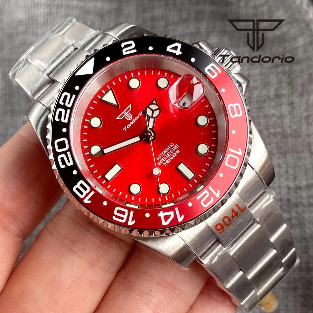 Tandorio Submariner Watch TD203R NH35A Red Sunburst 40mm 200M Diver Rotating Bezel Sapphire