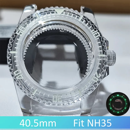 40mm Transparent Case For NH35 Case 20mm Watch Bands Set Green Luminous SUB Acrylic Plastic Case Clear Watch Case Accessories