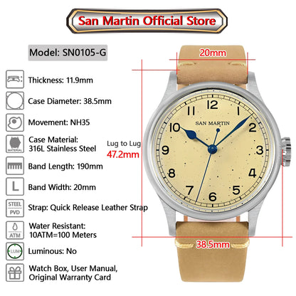 San Martin 38.5mm Men's Mechanical Watch NH35 Vintage Pilot Simple Fashion Wristwatch Baked Varnish Blue Hands 10 Bar Clock