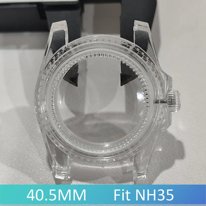 40mm Transparent Case For NH35 Case 20mm Watch Bands Set Green Luminous SUB Acrylic Plastic Case Clear Watch Case Accessories