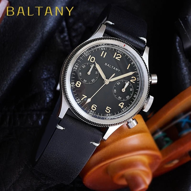 Baltany Military Chronograph Man S5054 Retro Style Quartz Watch Leather Strap Sapphire Glass 5ATM Waterproof Multifunction Watch