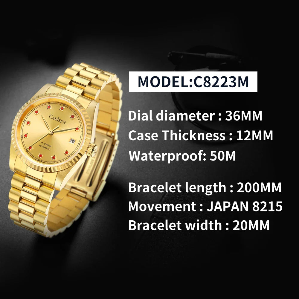 CADISEN C8223 DateJust Watch Miyota 8215 Sapphire Luxury Golden Watch 36MM Ladies Men