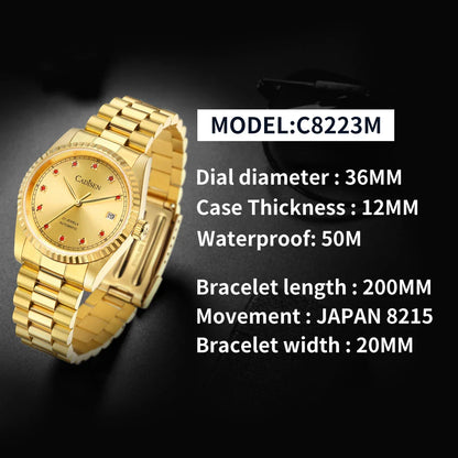 CADISEN C8223 DateJust Watch Miyota 8215 Sapphire Luxury Golden Watch 36MM Ladies Men