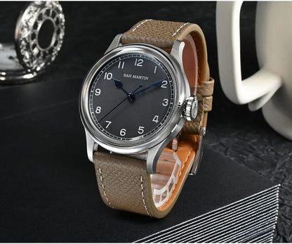 San Martin 38.5mm Men's Mechanical Watch NH35 Vintage Pilot Simple Fashion Wristwatch Baked Varnish Blue Hands 10 Bar Clock