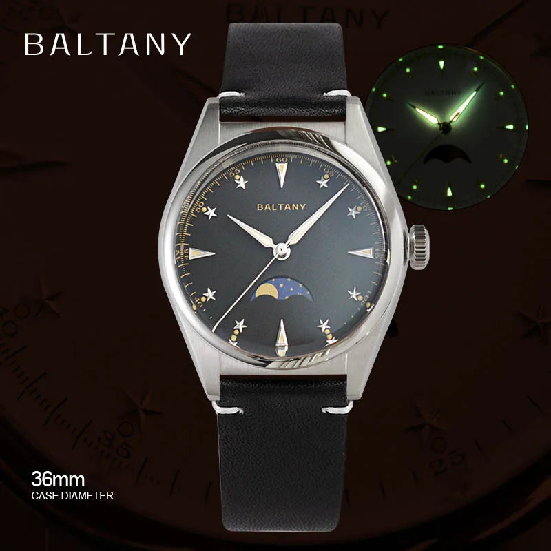 Baltany 36mm Dress Watches S4042 Customizable AR Sapphire Crystal 10Bar  Moon phase Wristwatches Swiss Lume