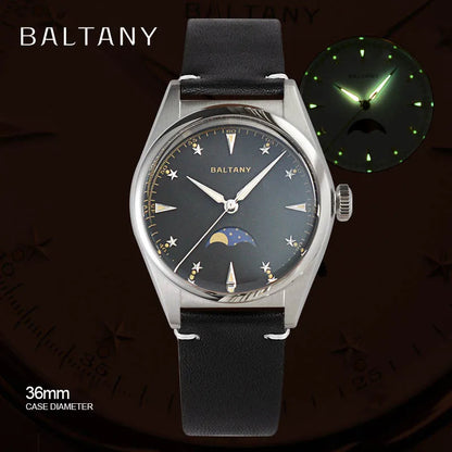 Baltany 36mm Dress Watches S4042 Customizable AR Sapphire Crystal 10Bar  Moon phase Wristwatches Swiss Lume