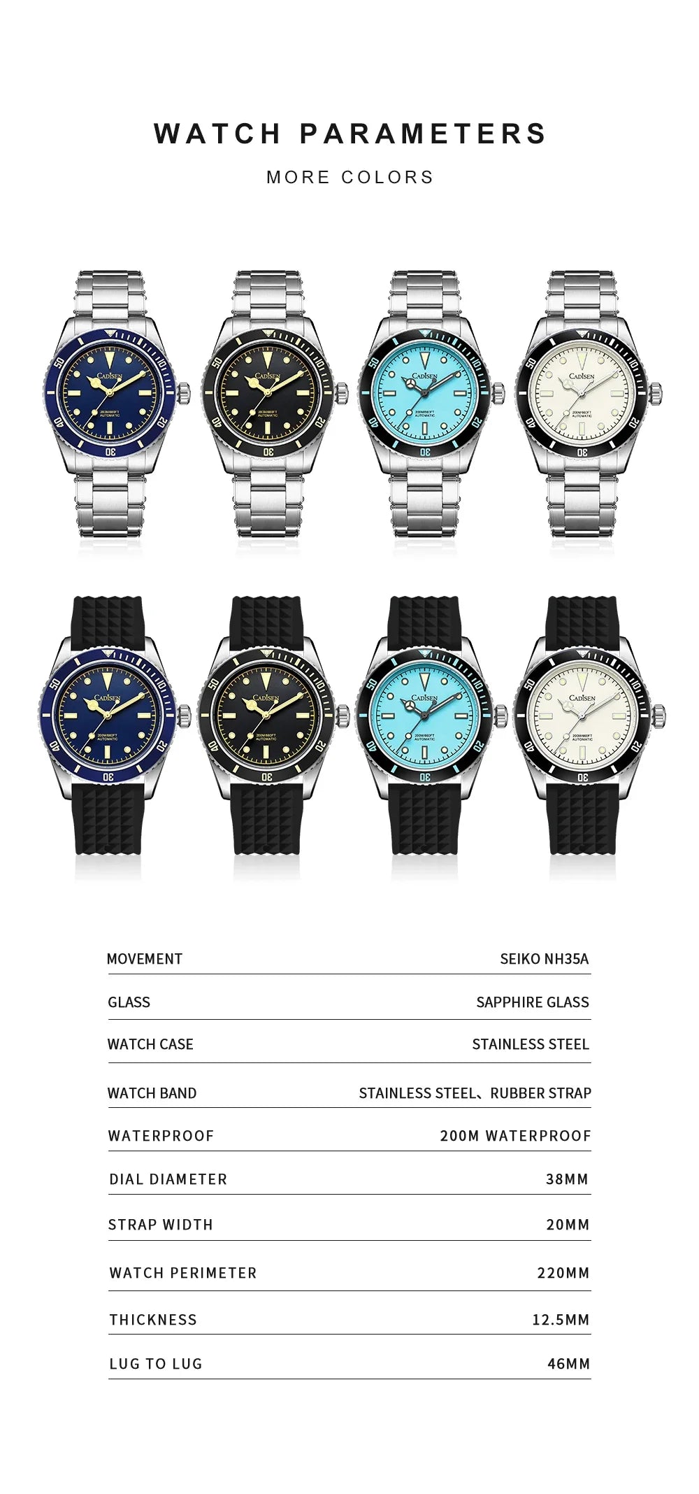 CADISEN C8206 BB58 Mod 38mm Diver NH35 Mechanical Sapphire 20 Bar Sapphire