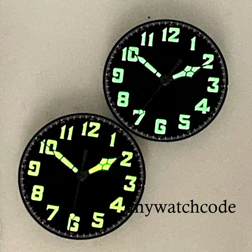 33.5mm Black Watch Dial Arabic Numerals Fit NH 35A NH 36A ET A2824 PT 5000 Automatic Movement Orange/White Hands Green Luminous