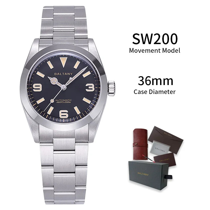 Baltany 36MM Explorer Watch Man S4056 NH38 Automatic Mechanical Watch  Waterproof 20Bar Stainless Steel Bracelet Retro Watches