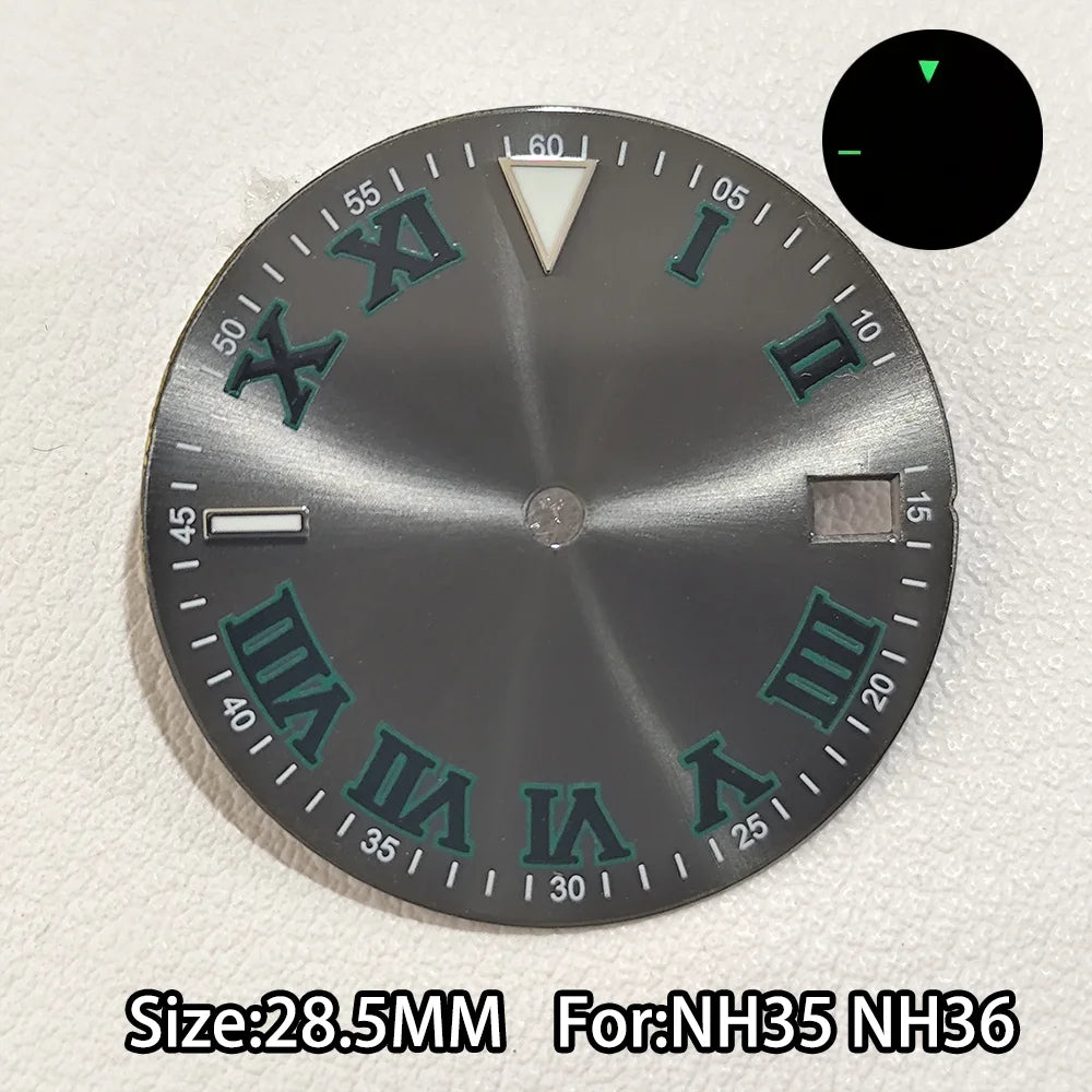 28.5mm Watch Dial For NH 35 NH36 Movements Green Luminous Single/No Date just Calendar Dial Roman Men Watches Accessories