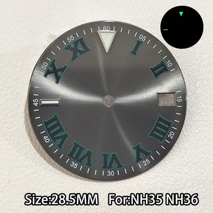 28.5mm Watch Dial For NH 35 NH36 Movements Green Luminous Single/No Date just Calendar Dial Roman Men Watches Accessories