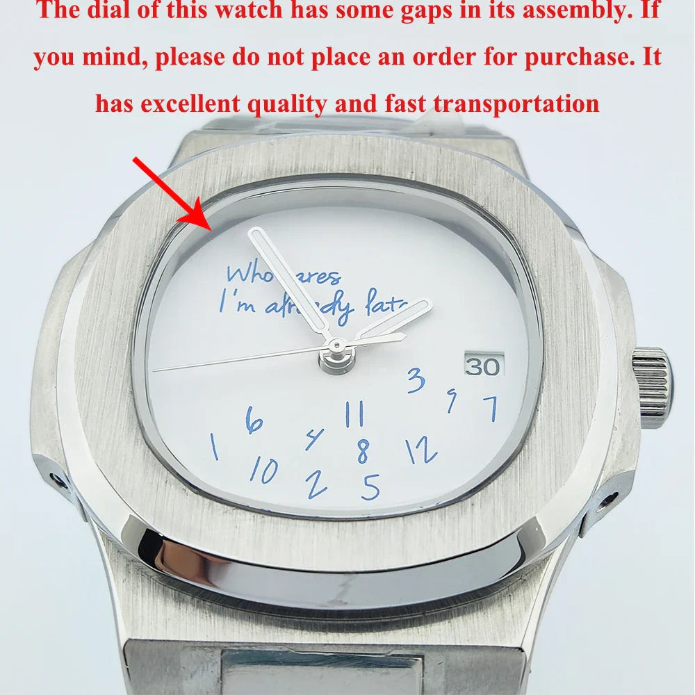 Special dial Nautilus Watch 41mm NH35 who cares i'm already late Sapphire 10Bar Dress Glass back