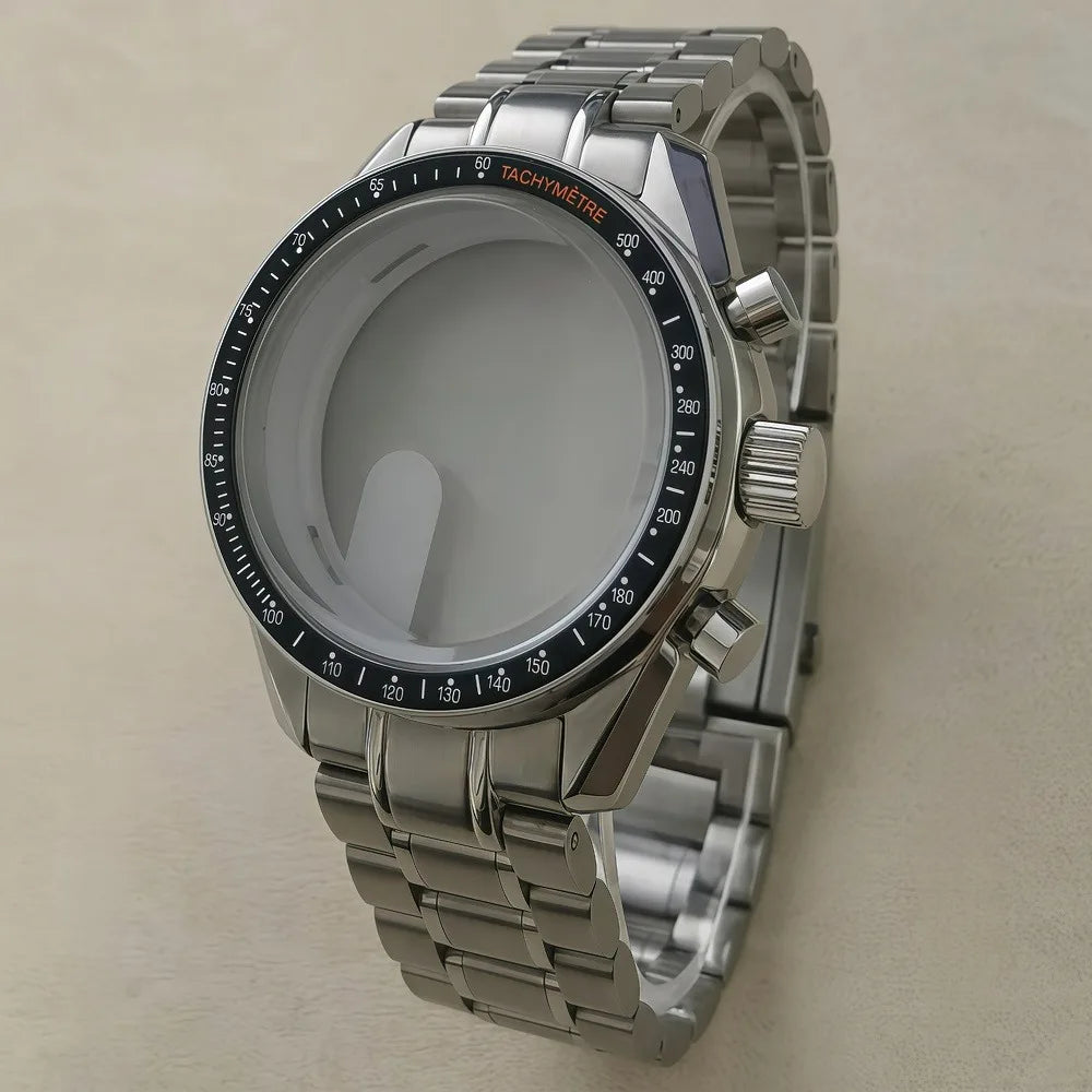 40mm VK63 Stainless Steel Case Strap Moonswatch Style Moon Back Cover Fit VK63 Quartz Movement Gold Word Bezel Watch Accessories