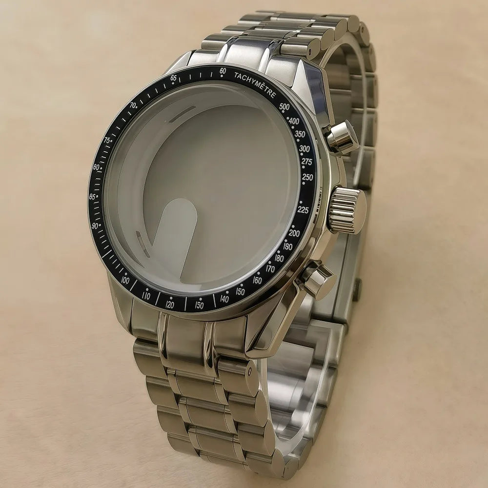 40mm VK63 Stainless Steel Case Strap Moonswatch Style Moon Back Cover Fit VK63 Quartz Movement Gold Word Bezel Watch Accessories