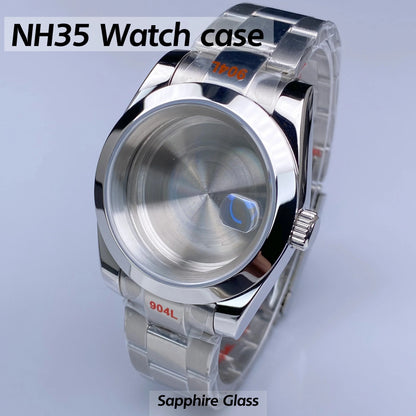 Fluted NH35 watch case Oyster 36/39mm High Quality Sliver Stainless Steel Sapphire Glass fit NH34 NH35 NH36 Movement Accessories Watch case