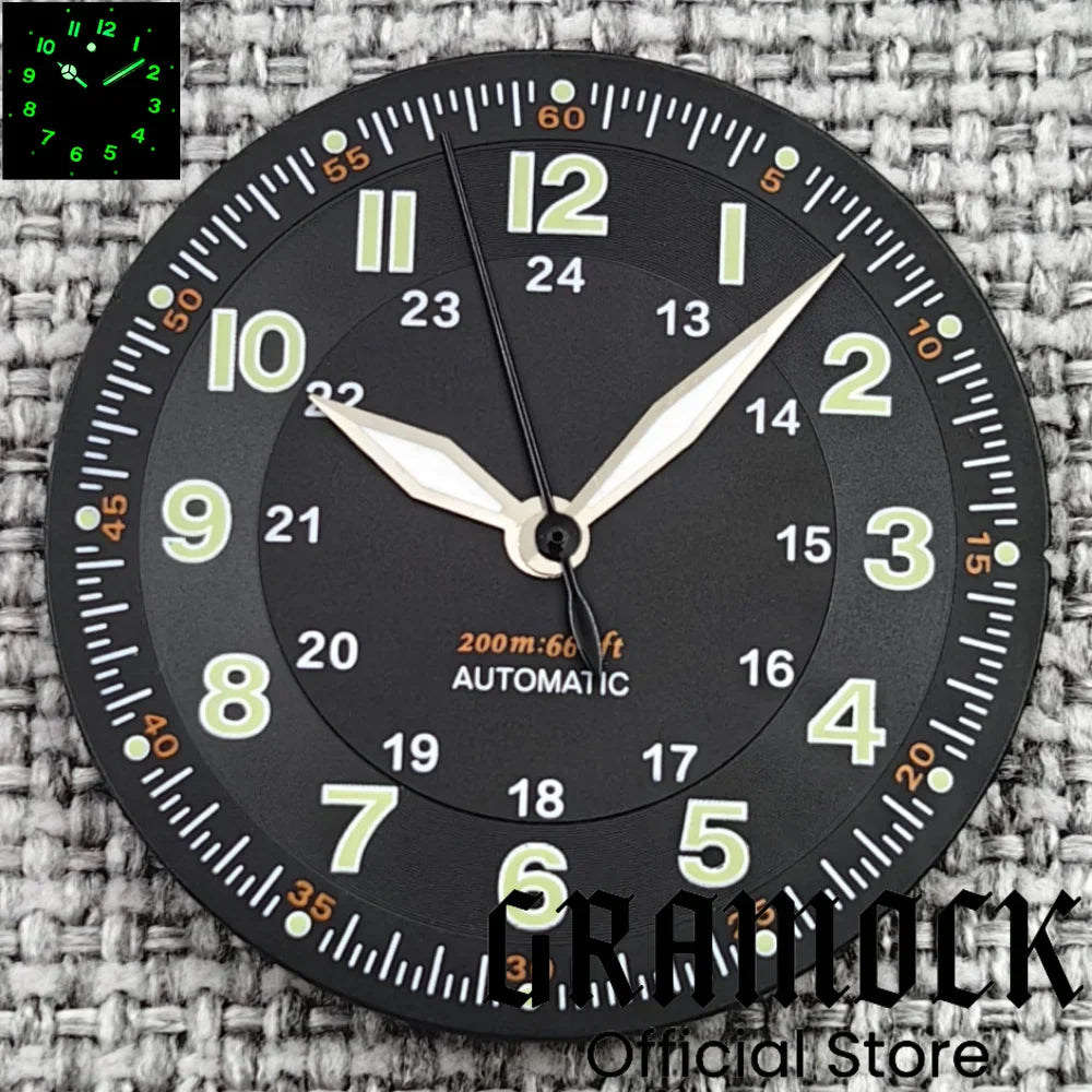 Gramock Classics Sterile 29mm Pilot Black Watch Dial Part for NH35/36 ETA PT5000 Miyota Mingzhu DG ST2130 Movement Part Hand Set