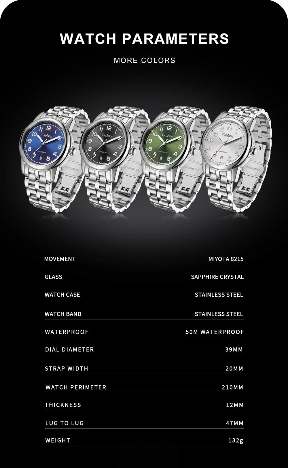 CADISEN C8235 Dress Watch 39MM MIYOTA 8215 Sapphire 5bar Luminous