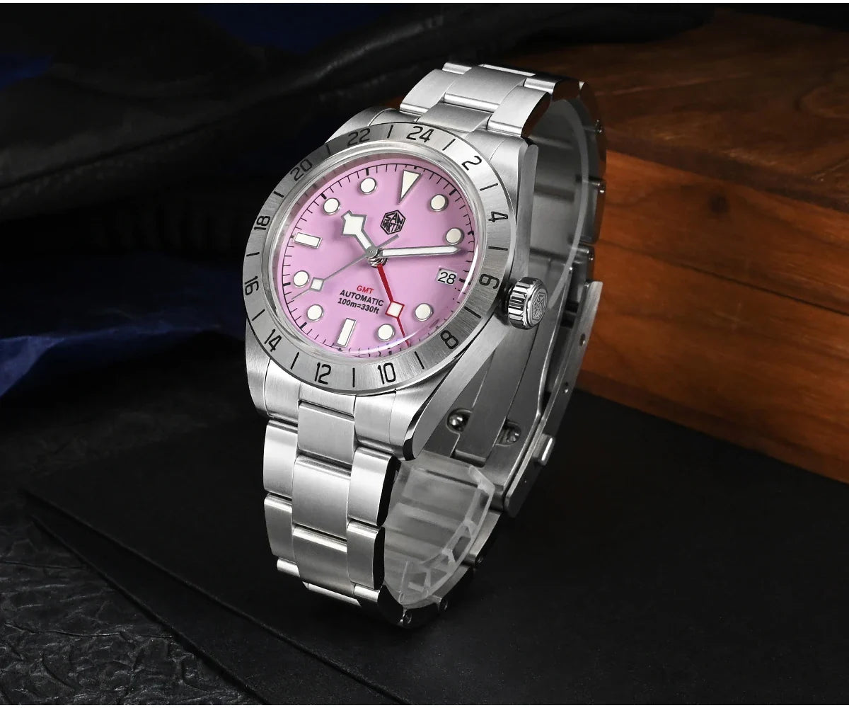 San Martin SN0054G GMT Pink Dial BB  39mm NH34 Automatic Watch 10Bar AR Sapphire BGW9 Lume