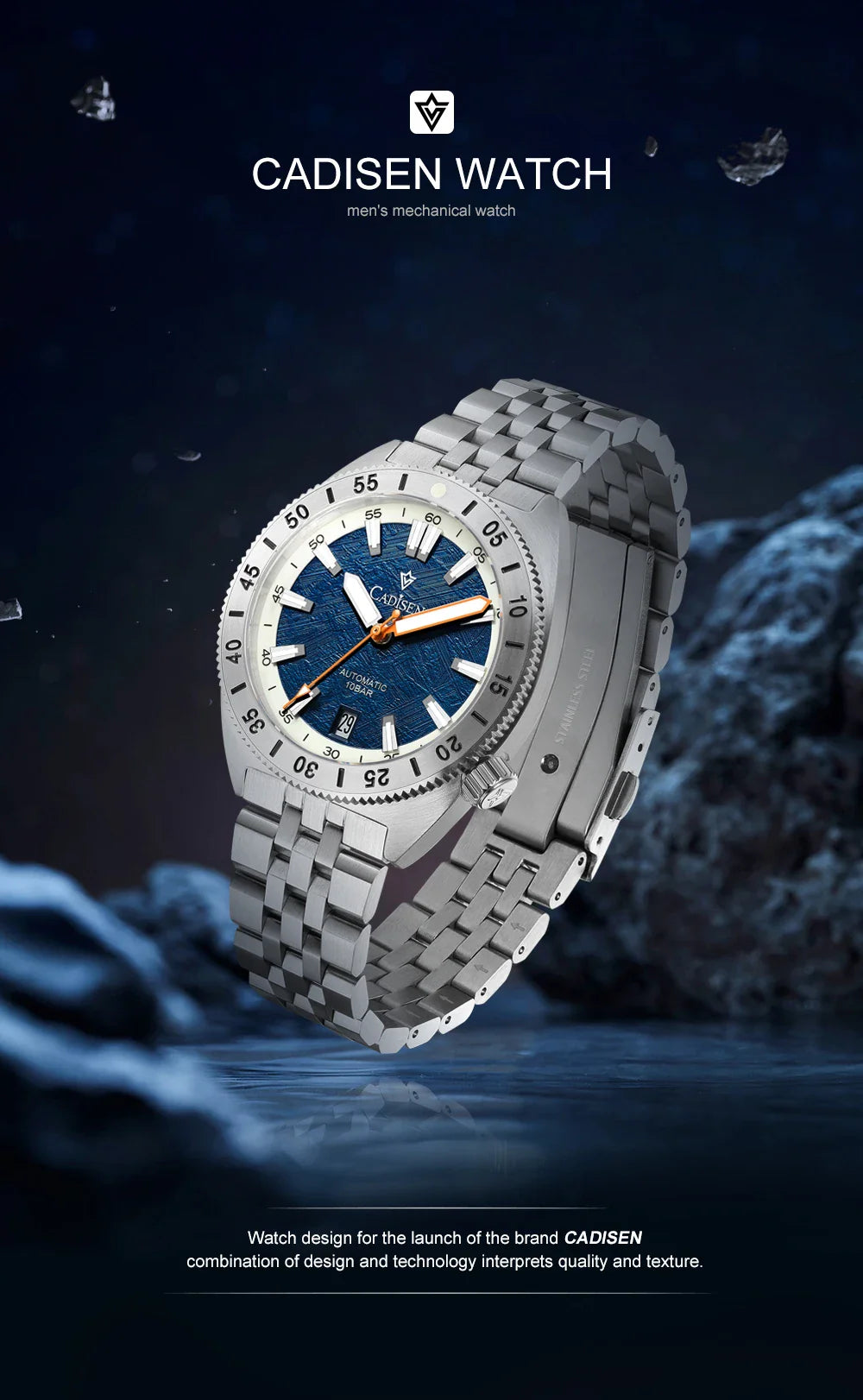 Cadisen C8231 Diver Watch Meteorite Dial 38.5MM 10Bar Miyota 8215 Automatic AR Sapphire