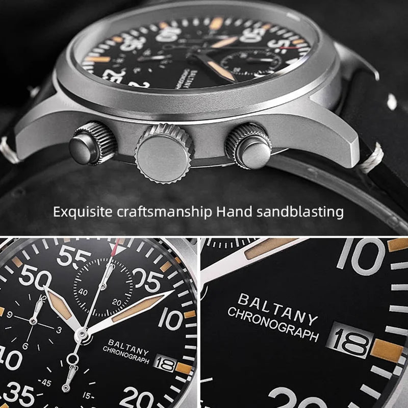 Baltany 39mm Military Chronograph Watch Man S5045 Sapphire Crystal 10ATM Stainless Steel VK67 Calendar Retro Quartz Wristwatches