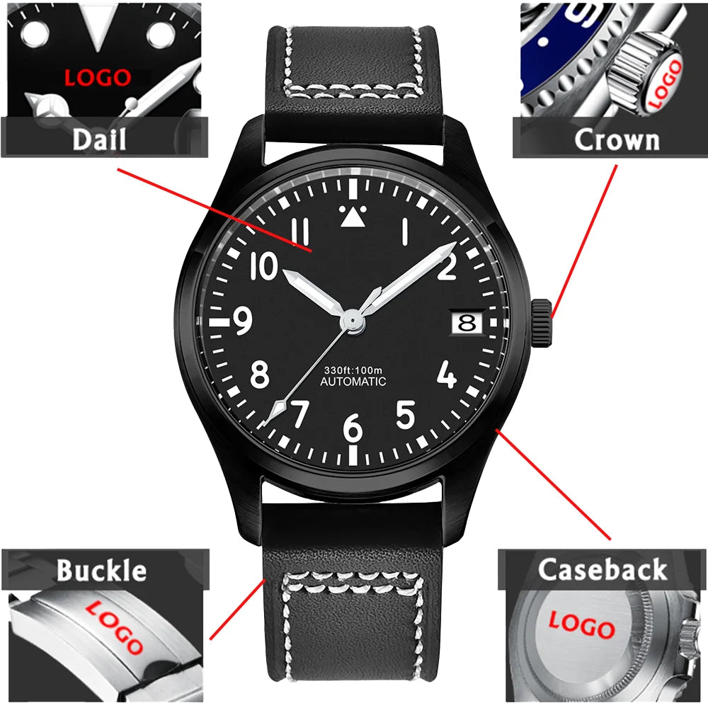 PVD Pilot Watch Sterile for Custom logo 39MM Sapphire 10Bar NH35 automatic glass back