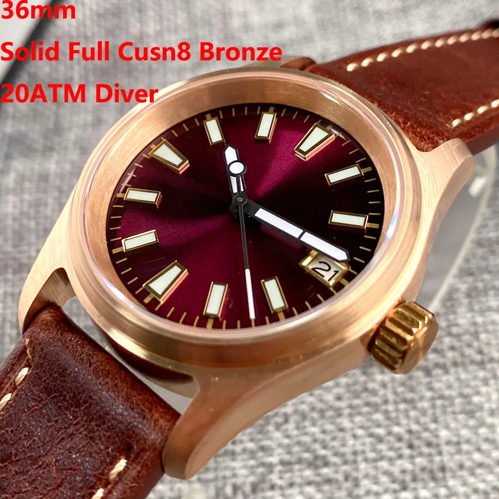 Tandorio Bronze Pilot Watch TD147R 20ATM 36mm Wine Red Dial NH35A  Sapphire Crystal