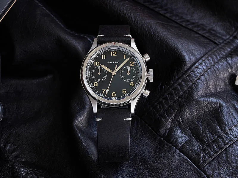 Baltany Military Chronograph Man S5054 Retro Style Quartz Watch Leather Strap Sapphire Glass 5ATM Waterproof Multifunction Watch