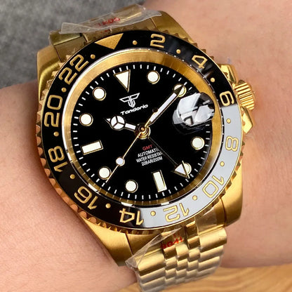 Tandorio Submariner NH34 GMT Watch TD015B Yellow Gold Ceramic 20bar 40mm Sapphire