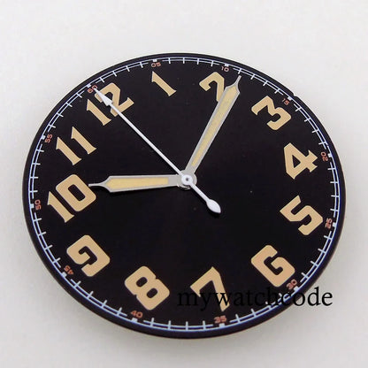 33.5mm Black Watch Dial Arabic Numerals Fit NH35A NH36A ETA2824 PT5000 Automatic Movement Orange/White Hands Green Luminous