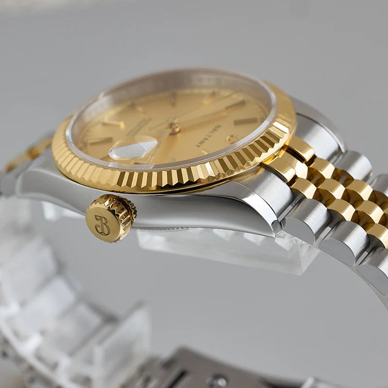 Baltany 36mm Dress Gold Watch S4084 Customizable DateJust  NH35 Automatic  Ar sapphire Swiss Lume Fluted case