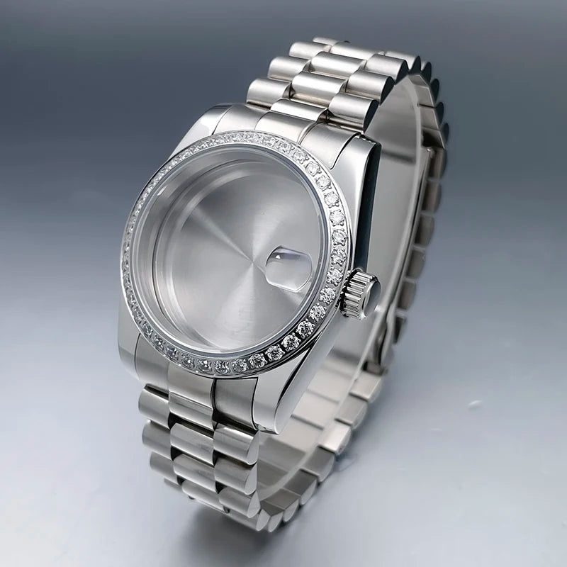 36mm/39mm NH35 Case President Jubile Strap Diamond Bezel Sapphire Glass Mod For NH35 NH36 Movement Watch Case Accessories Parts