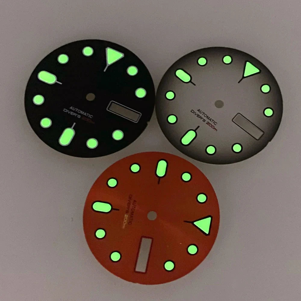 Nologo 29mm Watch Dial 3.8 Clock for NH 36 Movement Weekday Date Orange/white/black Dial Face Plate Green Lume for Di ver Watch