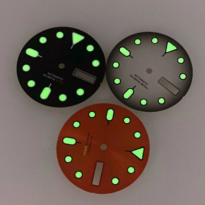 Nologo 29mm Watch Dial 3.8 Clock for NH 36 Movement Weekday Date Orange/white/black Dial Face Plate Green Lume for Di ver Watch