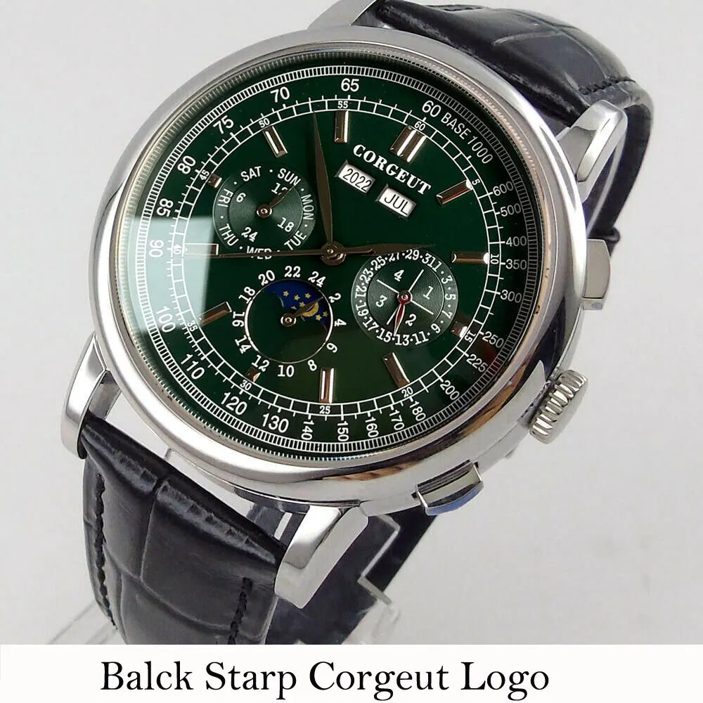 Corgeut Moon Phase Watch 42mm Seagull St1655 Automatic Day Date Month Calendar Glass Back 42MM 3ATM