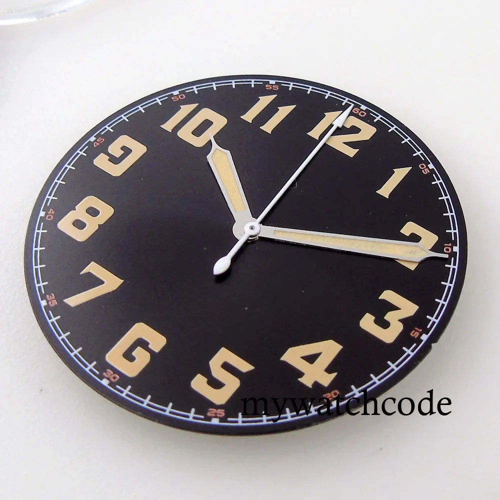 33.5mm Black Watch Dial Arabic Numerals Fit NH35A NH36A ETA2824 PT5000 Automatic Movement Orange/White Hands Green Luminous