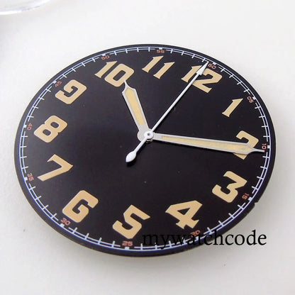 33.5mm Black Watch Dial Arabic Numerals Fit NH35A NH36A ETA2824 PT5000 Automatic Movement Orange/White Hands Green Luminous