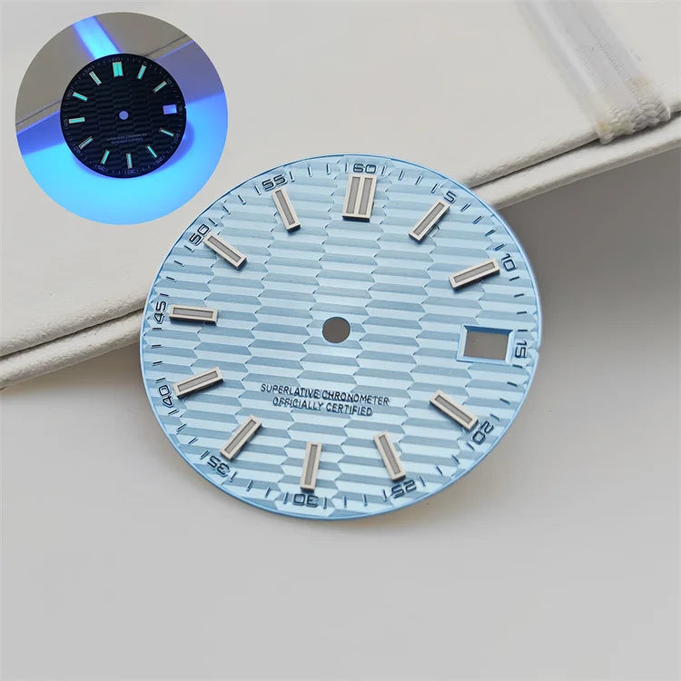 28.5mm Watch Dial Metallic Texture Surface DIY Log Dial BGW9 Blue Green Luminous Watch Faces Watch Accessories for NH35 Movement
