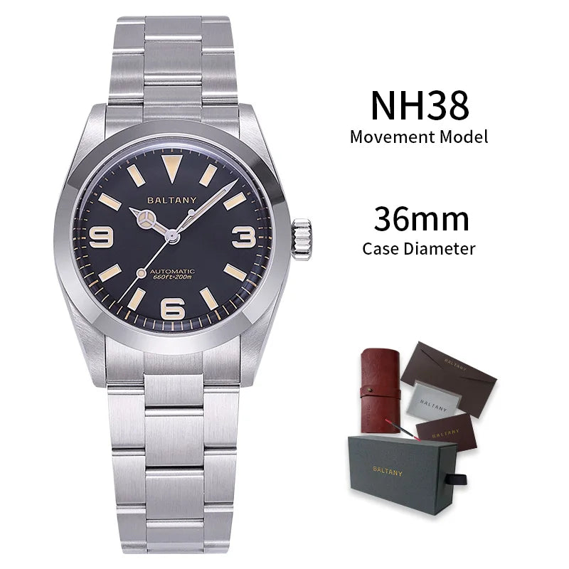 Baltany 36MM Explorer Watch Man S4056 NH38 Automatic Mechanical Watch  Waterproof 20Bar Stainless Steel Bracelet Retro Watches