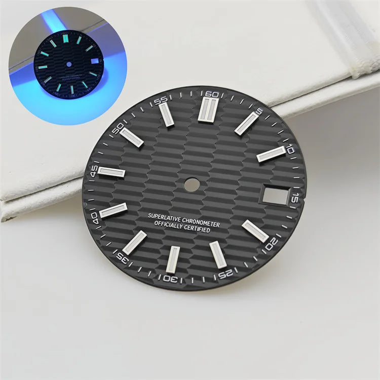 28.5mm Watch Dial Metallic Texture Surface DIY Log Dial BGW9 Blue Green Luminous Watch Faces Watch Accessories for NH35 Movement
