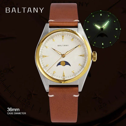 Baltany 36mm Dress Watches S4042 Customizable AR Sapphire Crystal 10Bar  Moon phase Wristwatches Swiss Lume