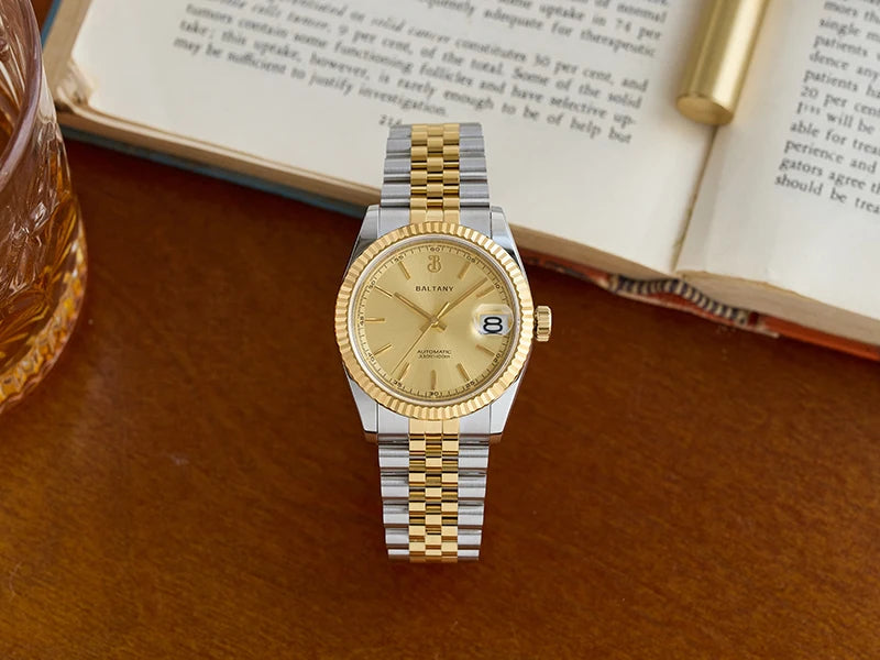 Baltany 36mm Dress Gold Watch S4084 Customizable DateJust  NH35 Automatic  Ar sapphire Swiss Lume Fluted case