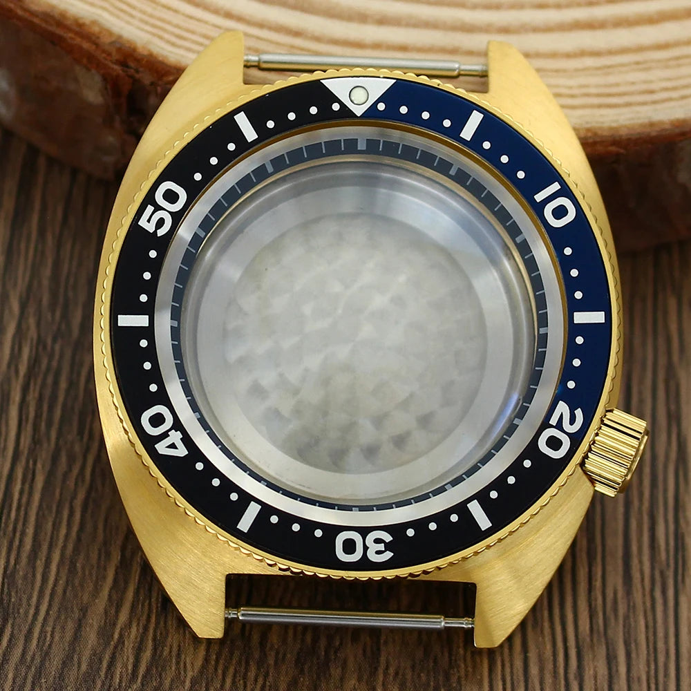 41mm Gold PVD Turtle Watch Case Domed Sapphire Abalone Captain Willard 6105 TMI NH35 NH36 NH34 4R36 Movts Abalone Screw Crown