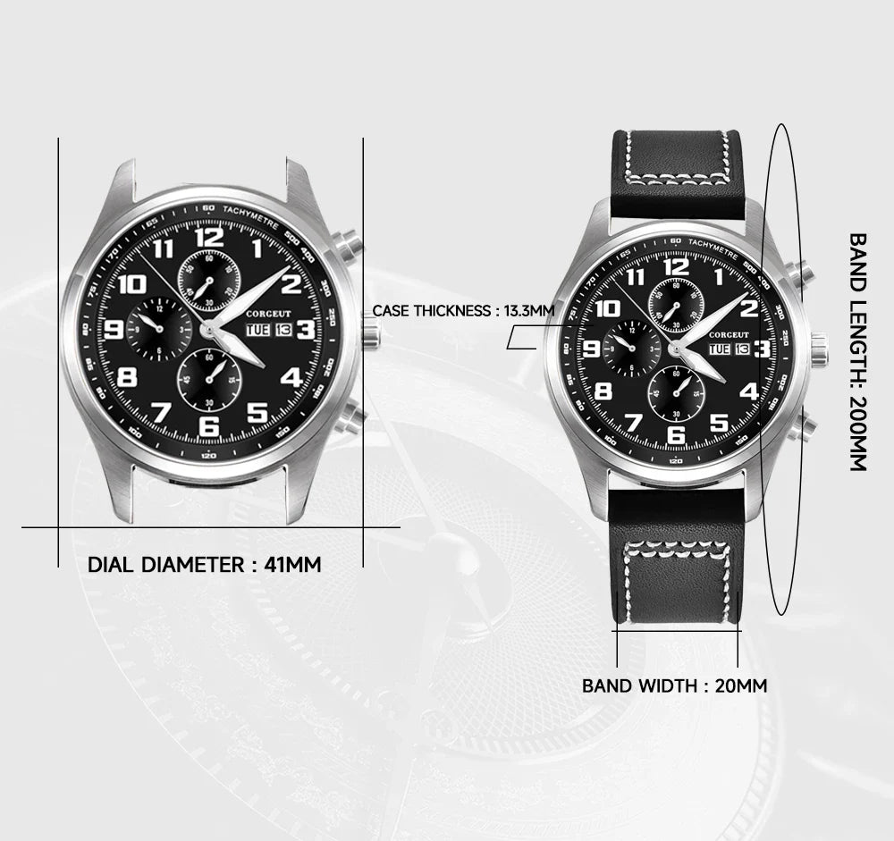 Corgeut 9003 Chronograph Watch 41mm Date Month MIYOTA OS00 Quartz Sapphire 3ATM