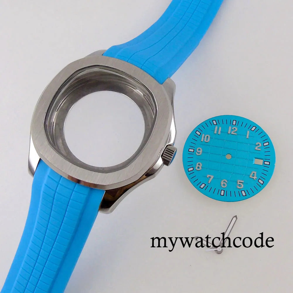 40mm Watch Case Glass Back Rubber Strap Dial Hands Set Fit NH35A NH36A Automatic Movement Sapphire Glass